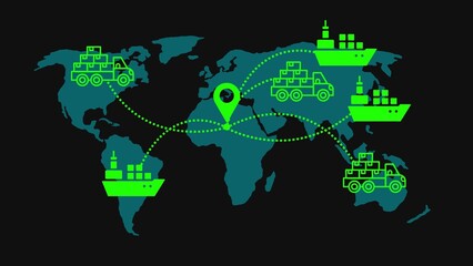 Global Logistics Network With Bright Green Ships and Trucks Connected by Dotted Lines on World Map shipping