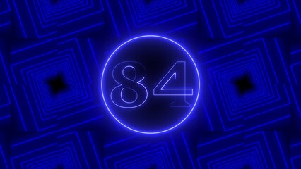 Neon blue circle with number 84 against a repeating geometric pattern of blue squares eighty four count