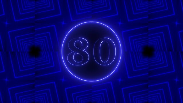 Neon blue circle with number 80 against a repeating geometric pattern of blue squares eighty count