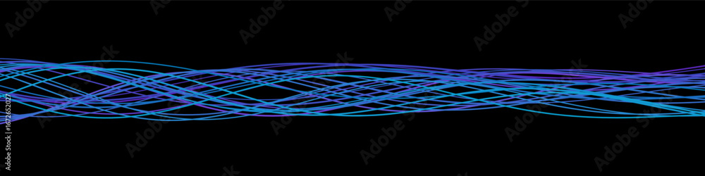 Poster abstract vector tech background with flowing blue and purple lines on black.