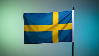 Swedish flag on white pole with golden finial against a blue-green gradient background,