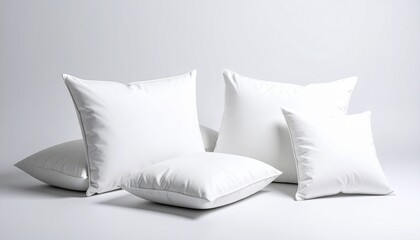 Obraz premium white pillows of varying sizes arranged neatly on a white background, emphasizing softness, variety, and minimalist comfort aesthetics.”