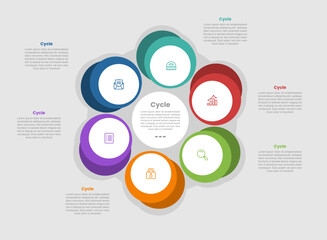 cycle and circular shape business process infographic diagram with small circle spreading with shadow background with 6 step for slide presentation
