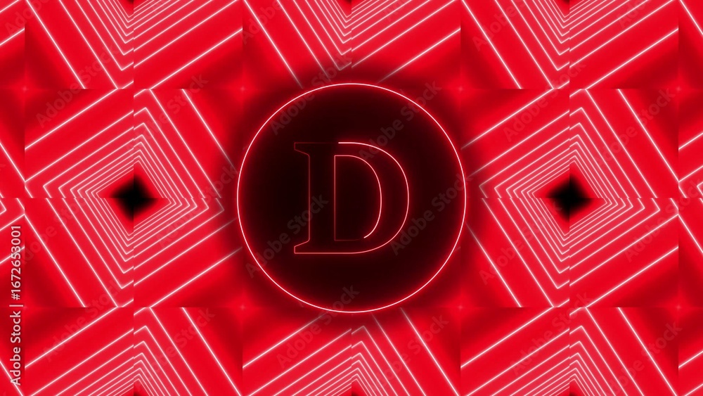 Poster Red Neon Letter D Inside Circle Against Geometric Square Tunnel Pattern abstract alphabet