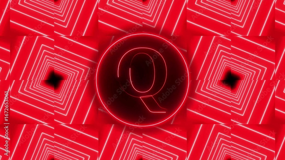 Poster red neon letter q inside circular frame against geometric square tunnel background abstract alphabet