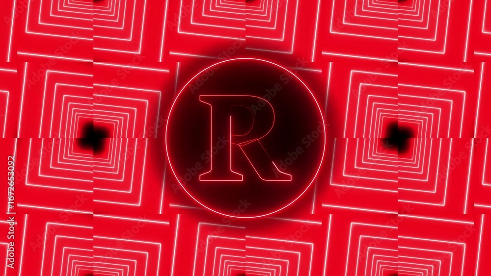 Poster red neon letter r inside circular frame against geometric square tunnel background abstract alphabet