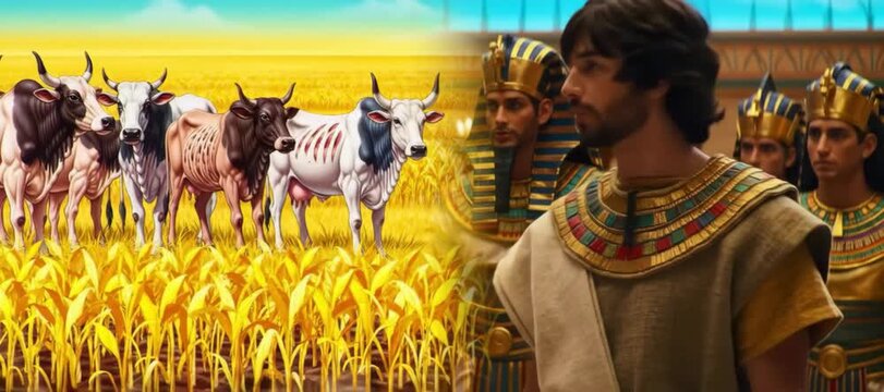 Joseph Interprets Pharaoh's Dream About Seven Fat and Lean Cows, Predicting Abundance and Famine in Ancient Egypt, Biblical Story