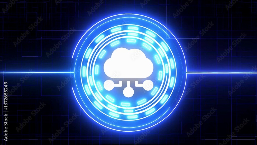 Poster white cloud computing icon with network connections in blue neon circle on dark background technolog