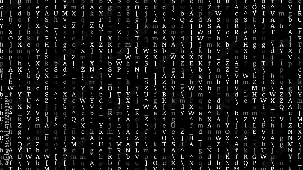 Poster black and white digital characters and symbols on a black background code matrix