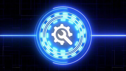 White Gear and Wrench Icon in Blue Neon Circle with Digital Grid Background technology tools