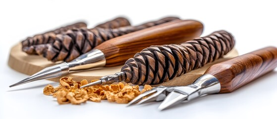 Detailed Closeup of Intricate Wooden Carving Tools