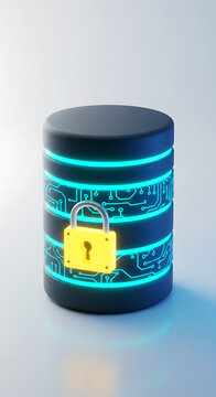 Data Security: Digital data server with lock, Symbol of digital security with a lock on a data server, representing secure data storage and protection against unauthorized access.