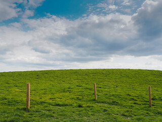 A field of grass with three wooden posts in the foreground. The sky is cloudy and the grass is...