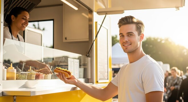 Young caucasian male buying hot dog from food truck with smiling female vendor - Powered by Adobe