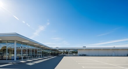 Obraz premium Modern building exterior with glass facade and a large parking lot under a bright blue sky with the sun shining.