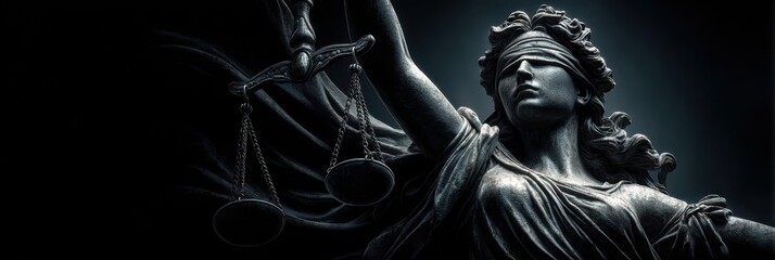 Statue of Lady Justice holding scales and sword in a dramatic light setting