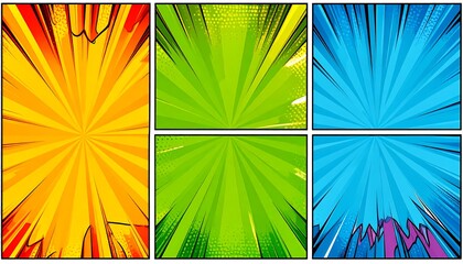 Dynamic multicolor comic book panel layout with radial speedline effects