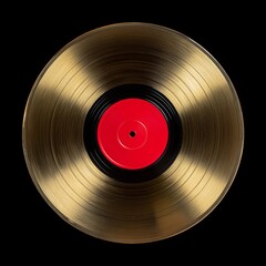 Golden vinyl record with a red center label, capturing the essence of music and nostalgia. The record's grooves reflect light