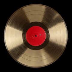 Close up of golden vinyl record with a red label in the middle