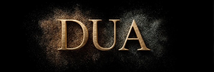Elegant golden lettering forming the word Dua set against a dark background with a slight dusting of sparkling particles creating a dramatic effect