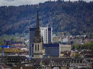 Aerial view of Zurich skyline, historic buildings and church spires, Switzerland