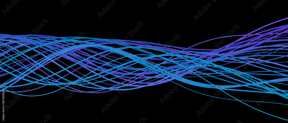 Poster dynamic vector tech background with flowing cyan and purple lines.