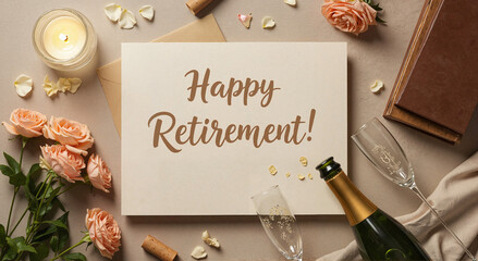 Happy retirement greeting card with flowers and champagne on table  