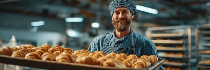 Baker proudly presents freshly baked croissants in a bustling bakery