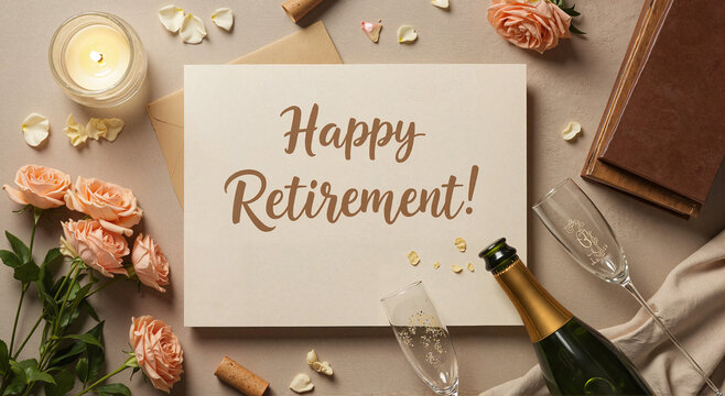 Happy retirement greeting card with flowers and champagne on table  