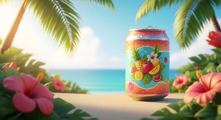 Colorful Fruit Themed Soda Can on Tropical Beach with Palm Trees and Pink Flowers