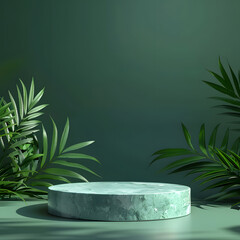 emerald podium on background with leaves. banner for holidays. Stand for displaying good.