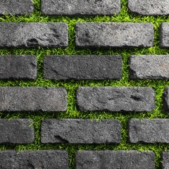 A unique view of a brick wall with grass. The combination of the hard stone and green vegetation creates an interesting contrast