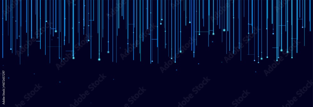 Poster futuristic vector tech background with vertical blue lines and dots.