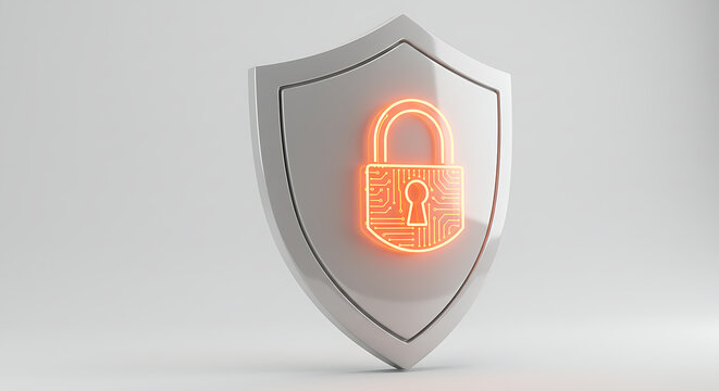 Digital Safety Shield: A gleaming security shield, with a digital padlock, symbolizes robust protection against cyber threats in a modern world.
