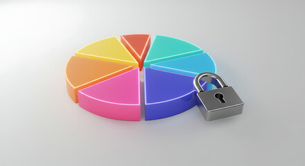 Pie Chart Security: A vibrant, multi-colored pie chart next to a sleek, silver padlock, symbolizing security and data protection in a concise graphic.