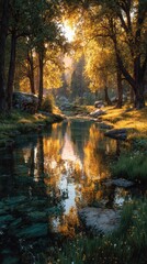 Golden sunlight filters through trees beside a tranquil stream in a serene forest landscape at sunset