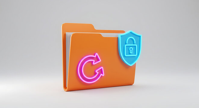 Protected File Folder Icon: A stylized file folder icon, adorned with a digital padlock shield and refresh arrow, symbolizes secure data protection and ongoing update. - Powered by Adobe