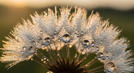Dandelion Seed Head Covered in Dew Droplets in Soft Morning Light