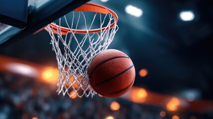 Fototapeta premium Basketball ball passing through the net in a stadium.