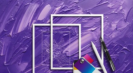 Creative Abstract Art with Purple Textured Background and Geometric White Frames