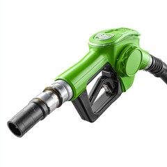 A close-up view of a bright green fuel pump nozzle. The nozzle is made of metal and plastic, and is designed for fueling a car or truck.
