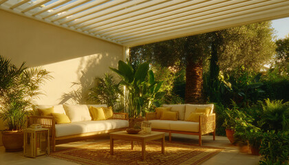 Fototapeta premium Relaxing environment: a deck decorated with contemporary furniture, plants, and art. Perfect for luxury advertising.
