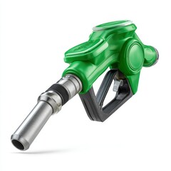 A close-up of a green fuel nozzle, isolated, ready to pump gasoline