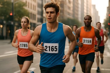 Fototapeta premium A group of athletes running marathon on city street, sharp motion details, ultra realistic clarity, cinematic sports atmosphere, clean render, noise free dynamic action shot
