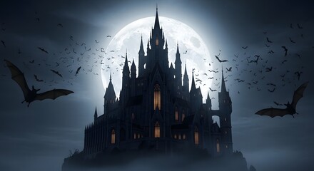Dark Gothic Castle Under Full Moon with Bats Flying in Night Sky