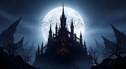 Dark Haunted Castle Against Bright Full Moon with Flying Bats and Bare Trees in Night Scene