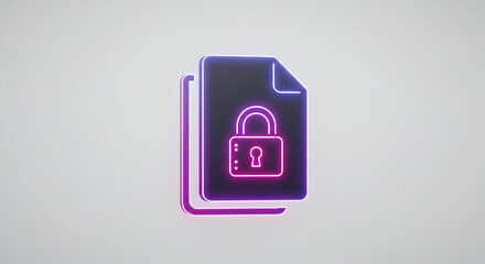Obraz premium Digital Security: A glowing neon lock symbol superimposed onto a document, representing data protection, cyber safety, and information privacy in a sleek, minimalist design.