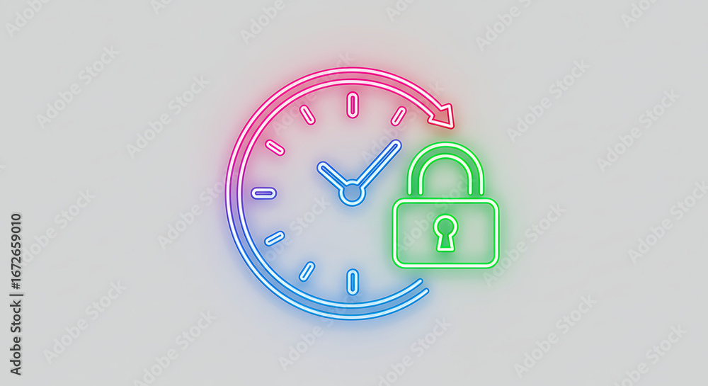 Poster time security: a vibrant neon illustration, merging the concepts of time and security through a cloc