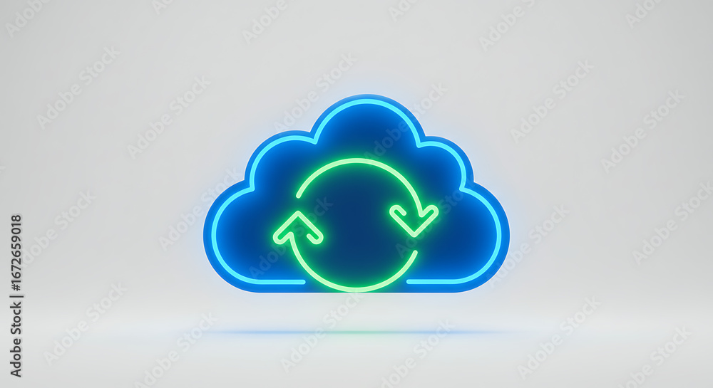Poster cloud sync icon: a vibrant, neon-style icon of a cloud with a looping arrow, symbolizing data synchr