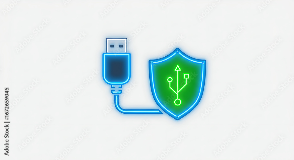 Poster data security illuminated: a vibrant neon depiction of a usb cable connected to a secure shield.